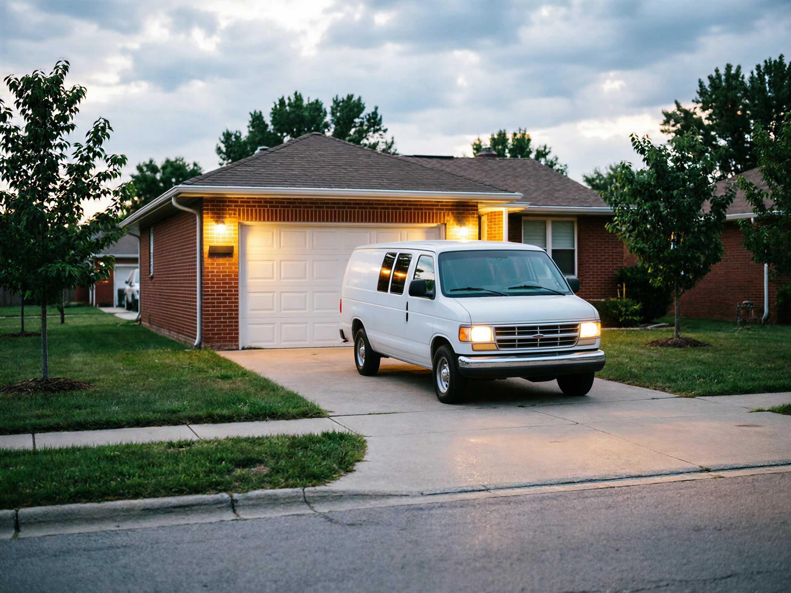 A white van is parked in a driveway in front of a brick house.
