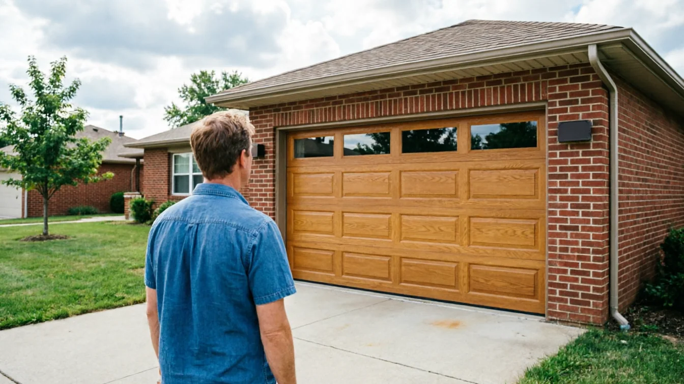A man in a blue shirt stands facing a brown garage door with windows.