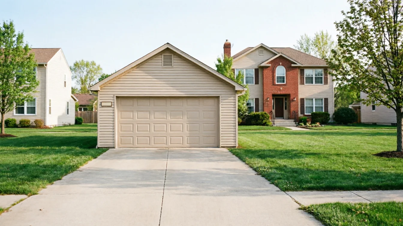 A beige garage door is on a detached garage with a driveway and green lawn.