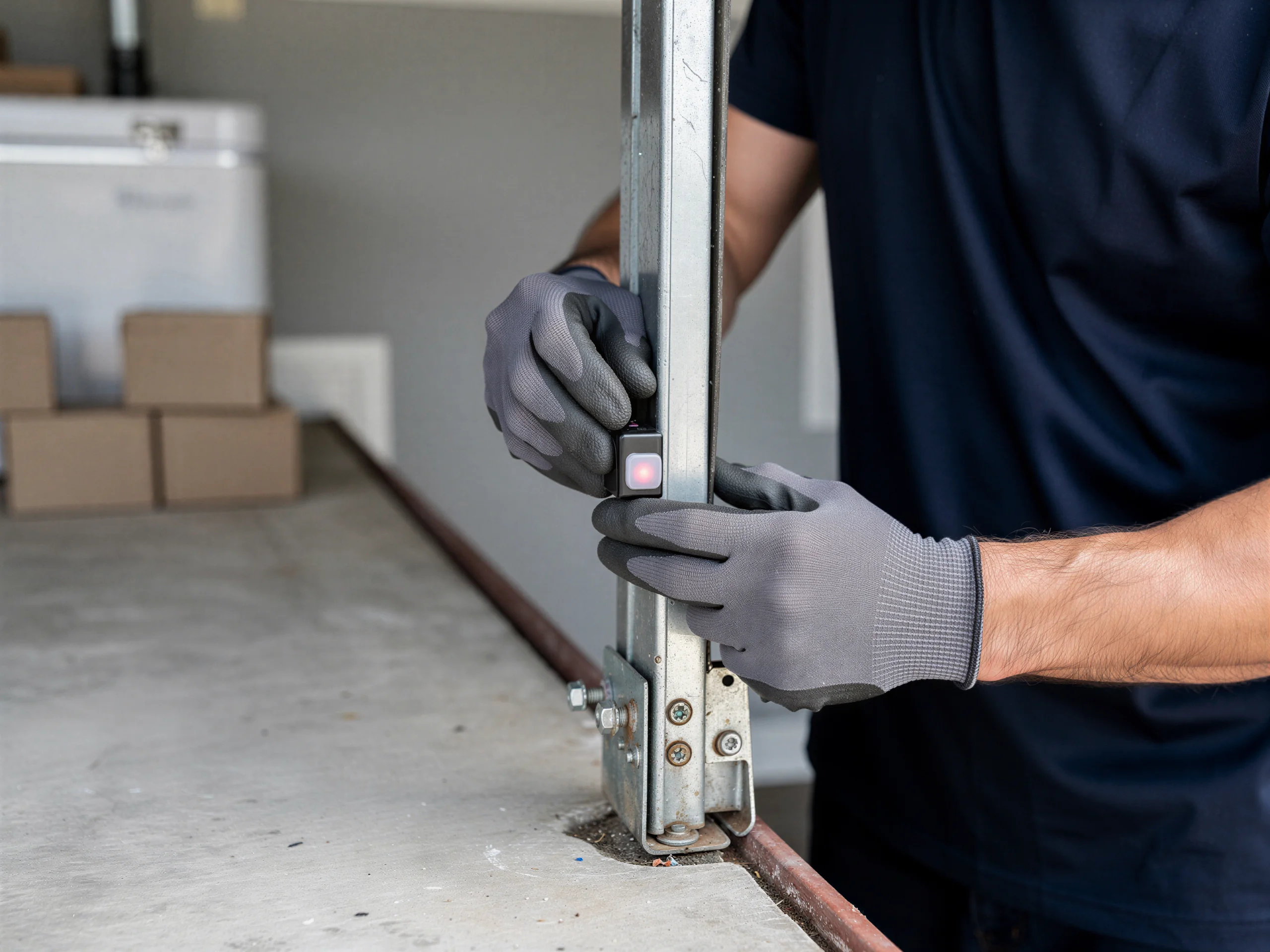 A technician in gloves adjusts a garage door safety sensor with a red light.